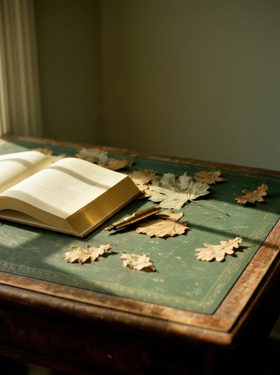 An open book on an antique writing desk, lit by morning light